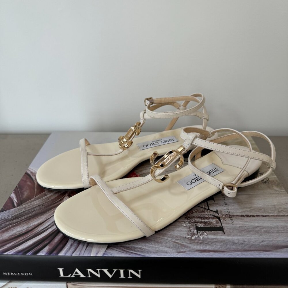 Jimmy Choo JC Logo Flat Sandals Ivory Leather Size 38 IT